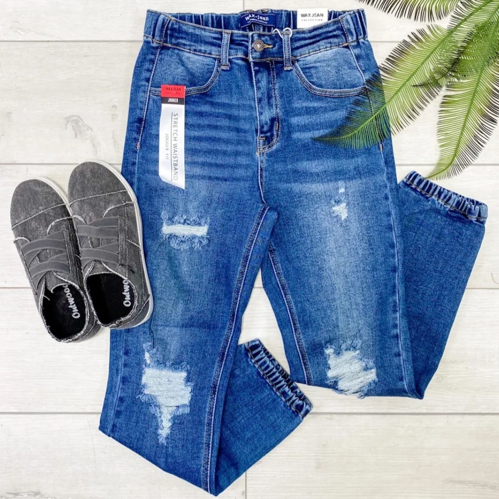 High-Rise Distressed Jogger Denim, Dark